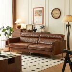 Canap vintage 3 places en cuir huil pieds mtal marron ? 220 cm ? canap dangle salon.