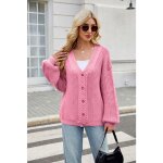Cardigan femme couleur unie col v manches longues en tricot - rose