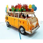 Carte danniversaire pop - up 3d bus de f�te avec chiens cadeaux et ballons fabriqu�e � la main