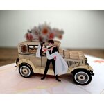 Carte de mariage pop - up 3d pour les mari�s avec des accents floraux de voiture vintage bon pour voyage ...