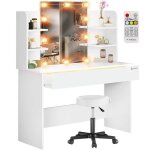 Casaria coiffeuse lucia blanc avec assise tabouret  roulettes 108x40cm tiroir avec 3 compartiments ...