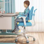 Chaise de bureau pour enfants - bras pliables et hauteur r�glable - avec repose - pieds - bleu