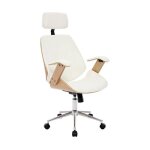 Chaise de bureau  roulettes dcor bois courb placage effet chne et simili cuir blanc michael