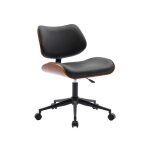 Chaise de bureau  roulettes dcor bois courb placage effet noyer et simili cuir noir