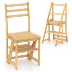 Chaise - escabeau pliable costway - escabeau convertible 3 marches en bambou - polyvalente 3 - en - 1 ...