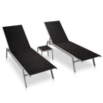 Chaises longues lot de 2 avec table - bain de soleil acier et textilne noir