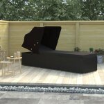 Chaise longue avec auvent et coussin - bain de soleil rsine tresse noir