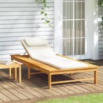 Chaise longue - bain de soleil coussin / oreiller blanc cr�me bois massif acacia