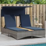 Chaise longue double avec auvent et coussins - bain de soleil en polyrotin gris