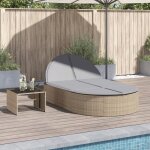 Chaise longue double avec coussins - bain de soleil beige r�sine tress�e 227156
