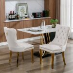 Chaise de salle � manger contemporaine haut de gamme en velours beige et bois pieds or lot de 2