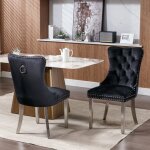 Chaise de salle � manger contemporaine en velours noir capitonn�e clout�e pieds chrom� lot de 2 haut ...