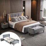 Chambre complte adulte lit double rembourr 140x200 cm led + 1 x chevet de 2 tiroirs + tabouret de lit ...
