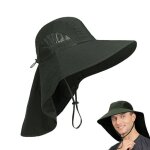 Chapeau safari anti - uv - 1 pi�ce large bord vert militaire rabat cou r�glable - convient pour hommes ...