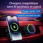 Chargeur voiture magn�tique sans fil 15w ? support t�l�phone grille d?a�ration ? led rgb ? iphone & android ...