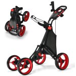 Chariot de golf 4 roues pliable  pousser ou  tirer costway - sac impermable - frein  pied - porte ...