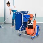 Chariot de m�nage 4 seaux syst�me � roulettes bleu et orange - nettoyage professionnel - dimensions 100 ...