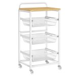 Chariot de rangement 4 niveaux - vasagle - paniers coulissants - roulettes - dor� ch�ne / blanc mat