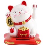 Chat porte bonheur - maneki neko - �nergie solaire - blanc et rouge - hb066