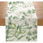 Chemin de table estival � motif feuilles deucalyptus nappe en coton et lin vert sauge 33 x 183 cm