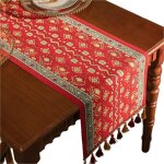 Chemin de table jacquard � pompons motif g�om�trique rectangulaire rouge 33 cm x 120 cm �tiquette