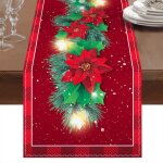 Chemin de table noel en lin rouge 183 x 33cm feuille de houx et flocons de neige imprim�s pour deco de ...