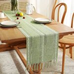 Chemin de table rustique en lin vert sauge brod� � la main avec pompons style campagnard 183 x 33 cm ...