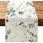 Chemin de table en toile de jute  motif de feuilles deucalyptus vertes 33 x 180 cm