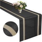 Chemin de table en vinyle tiss� noir avec fils dor�s 180 x 30 cm facile � nettoyer et imperm�able.