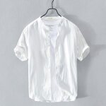 Chemise en coton lin homme fermeture bouton manches courtes couleur unie - blanc Chemise en coton lin homme fermeture bouton manches courtes couleur unie - blanc