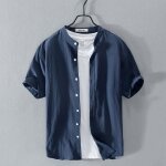 Chemise en coton lin homme fermeture bouton manches courtes couleur unie - bleu marine