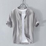 Chemise en coton lin homme fermeture bouton manches courtes couleur unie - gris