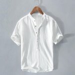 Chemise en coton lin homme manches courtes ete confortable fermeture enfiler bouton - blanc Chemise en coton lin homme manches courtes ete confortable fermeture enfiler bouton - blanc