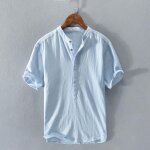 Chemise en coton lin homme manches courtes ete confortable fermeture enfiler bouton - bleu clair