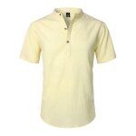 Chemise homme �t� coton et lin jaune coupe henley col officier manches courtes style d�contract� respirant ...