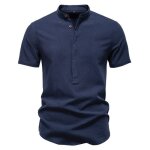 Chemise homme manches courtes ?col montant en coton chemise homme - bleu fonc�