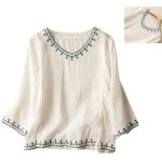 Chemisier dt en lin pour femme - manches 3 / 4 - dcontract - col en v - broderie vintage - tunique ...