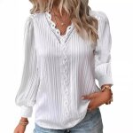 Chemisier femme vitata - manches longues - col v - bordure fleurie - blanc