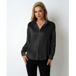 Chemisier en satin ecelen pour femme - haut ample  manches longues et col en v - noir
