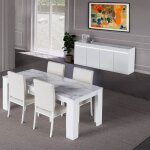 Chris white - s�jour table + buffet laqu� blanc brillant et imitation marbre