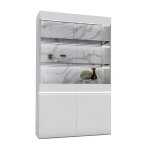 Chris white - vitrine 2 portes laqu�e blanc brillant fond imitation marbre avec led