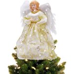 Cime de sapin ange led - 32cm avec ailes plumes - or brillant - alimentation piles - dcoration fte