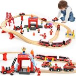Circuit train en bois enfant - swapy - 58 pices - locomotive lectrique - camion de pompier
