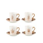 Coffret 4 tasses � caf� en c�ramique + sous - tasse motif feuille dor�e