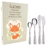 Coffret en bois couverts personnalisé bébé gravé prénom cadeau unique - mod. renard Coffret en bois couverts personnalisé bébé gravé prénom cadeau unique - mod. renard