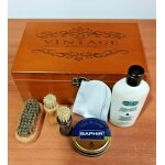 Coffret bois vintage cirage noir entretien cuirs chaussures avec accessoires Coffret bois vintage cirage noir entretien cuirs chaussures avec accessoires