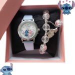 Coffret montre enfant - npz - stitch & angel - bleu pastel - bracelet perles - quartz