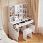 Coiffeuse - 110cm - miroir hollywood avec 10 ampoules led & tabouret - table de maquillage avec rangement ...