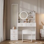 Coiffeuse 4 en 1 avec led - 109x36x164 cm - miroir rotatif 360° - rangement caché - tabouret ergonomique ... Coiffeuse 4 en 1 avec led - 109x36x164 cm - miroir rotatif 360° - rangement caché - tabouret ergonomique ...
