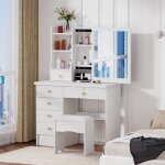 Coiffeuse avec miroir et tabouret - cremlank - 80(l)x122(p)x37 (h)cm - 6 tiroirs - chic - balnc